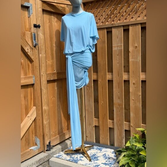 🆕 RAT & BOA 🧿 NWOT Freja Slinky Baby Blue Tie-Waist T-Shirt Mini Dress, Sz XXS - Picture 2 of 14